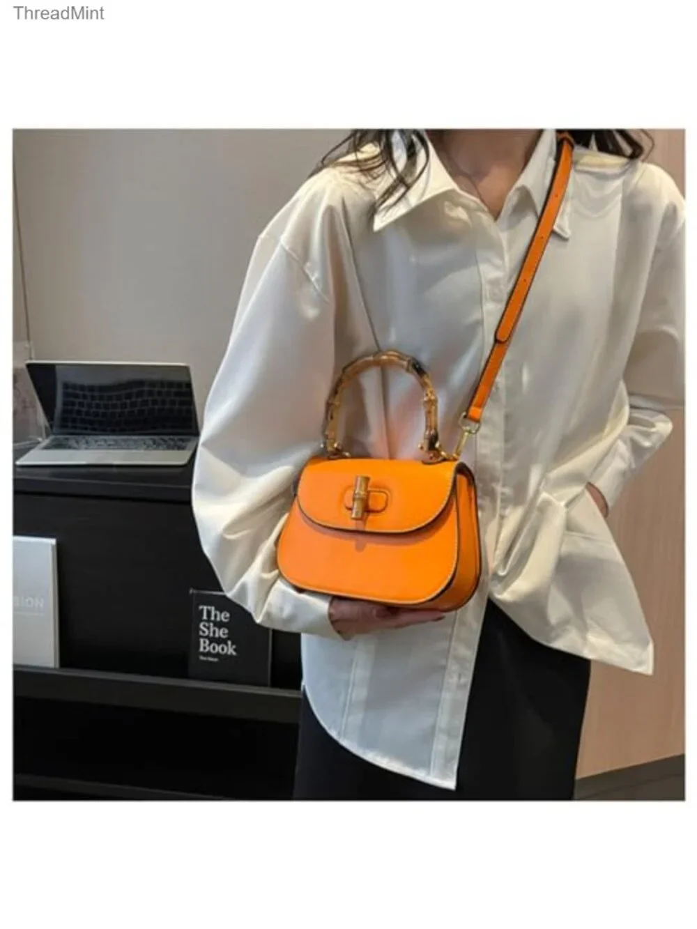 Leather Bamboo Handle Satchel Crossbody Bag Top Handle Shoulder Purse